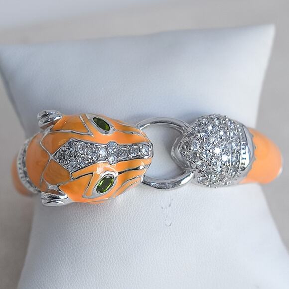 Vintage Noir Yellow Enamel Panther Head Clamper Bracelet Gold Tone Rhinestones - Picture 1 of 10
